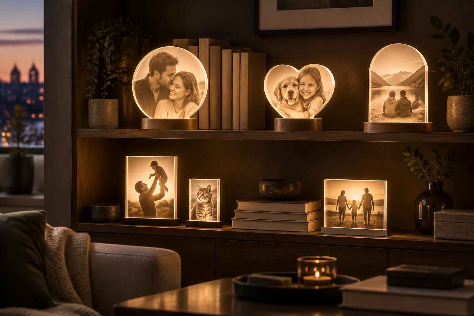 A shelf of glowing personalized acrylic lamps and framed keepsakes at dusk