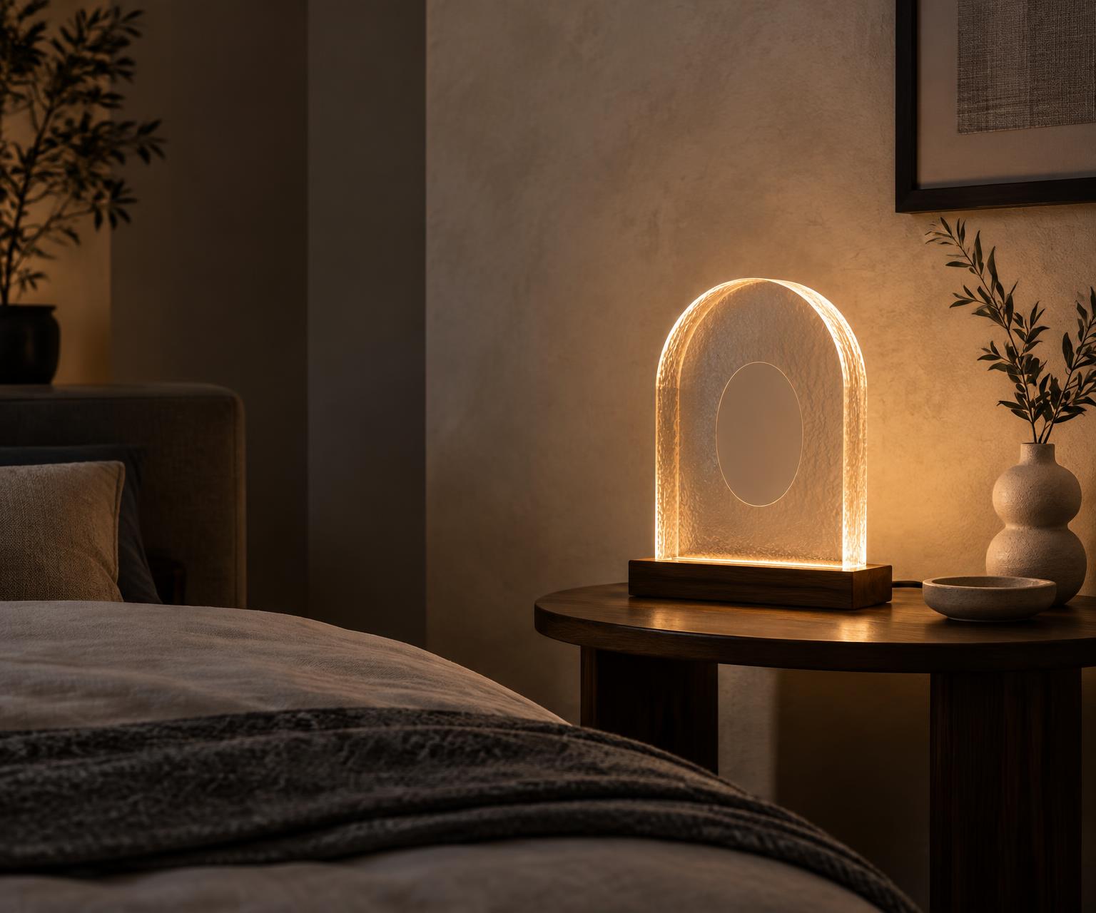 A glowing personalized acrylic lamp in a calm bedroom